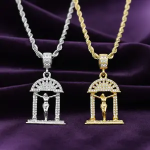 Crucifixion of Jesus Iced Gold / Silver Plated Religious Pendant & 4mm 18" 20" 24" Rope Chain Hip Hop Style Necklace Jewelry
