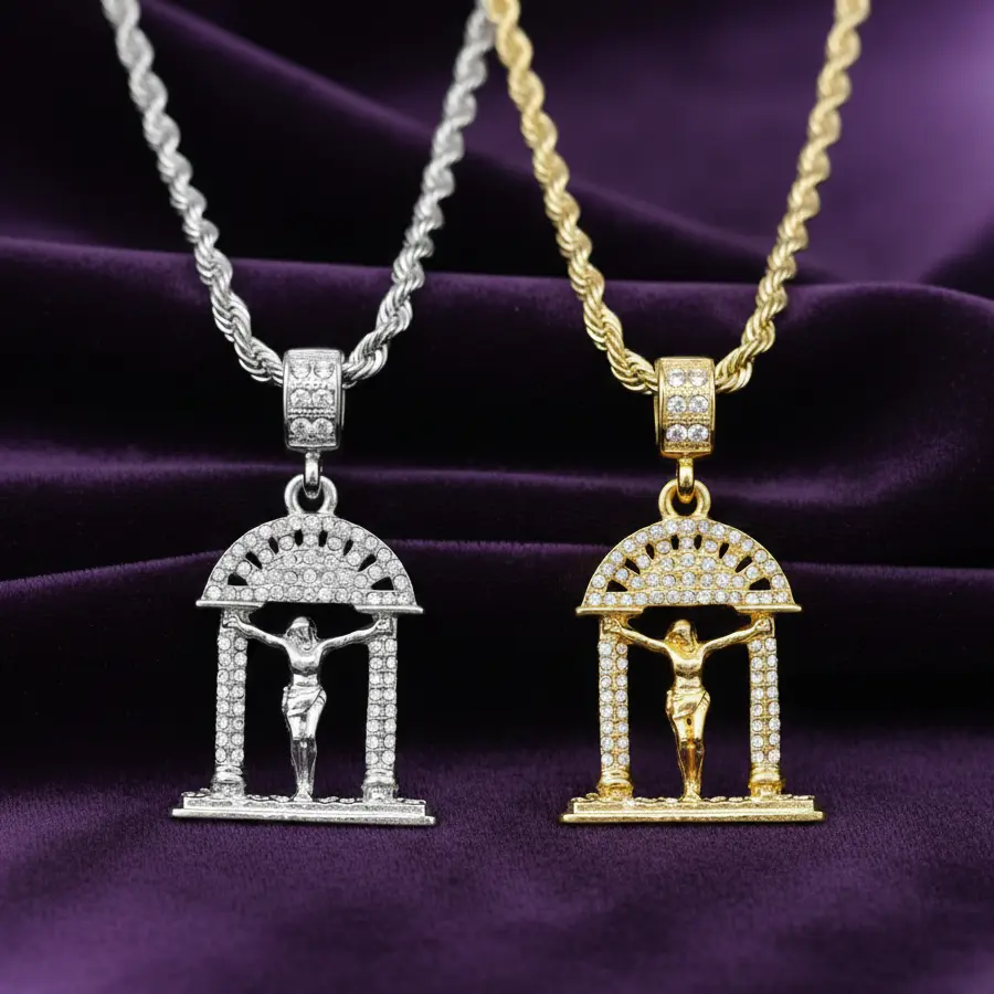 MaxBling81 Iced Out Cross Necklace with 4mm Cuban Rope Chain, Hip Hop Cubic Zirconia Pendant, Gold or Silver Plated, 18-24 Inch, Male Jewelry, Metal Coating, 30Mm, Chain & Link, Daily, Long, Jesus Cross, Jesus Figure, Religious