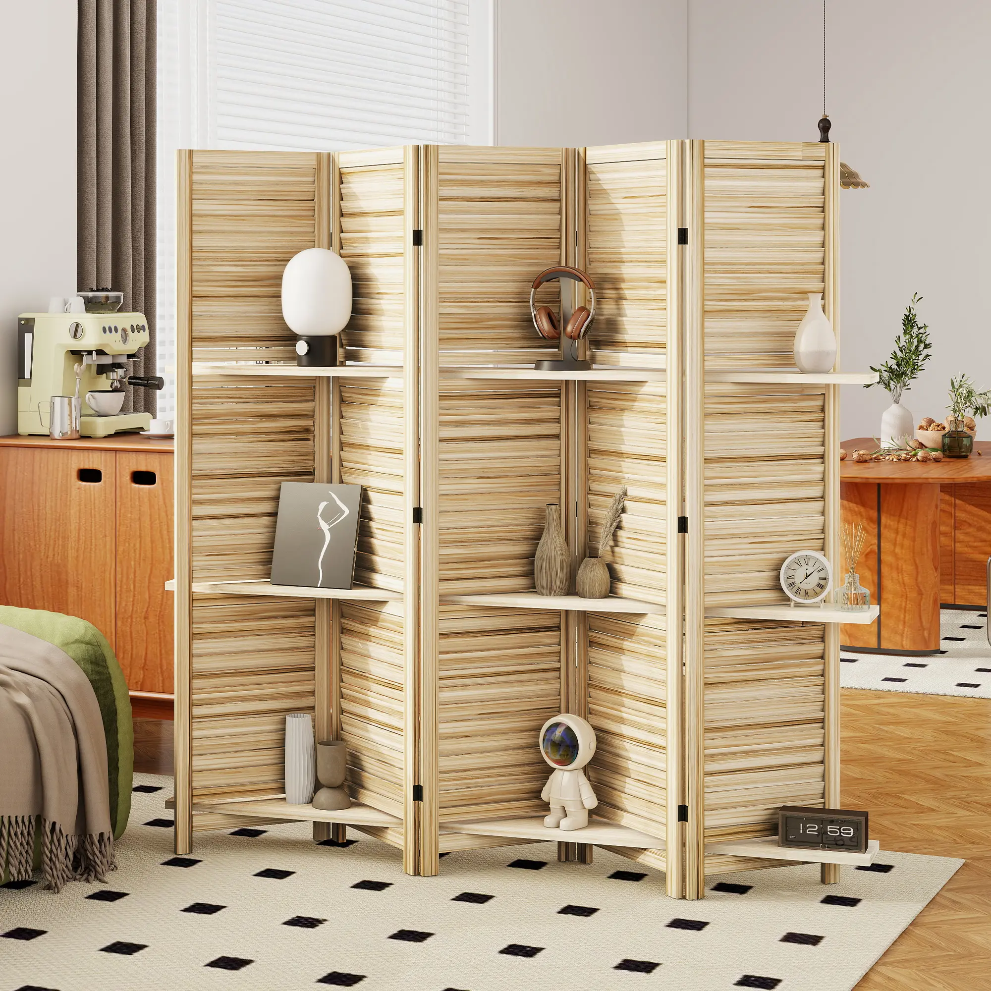 5-Panel 67" Tall Natural Wood Privacy Screen Room Divider, Freestanding Partition with 3 Shelves & Folding Storage for Bedroom, Living Room, Plant Display