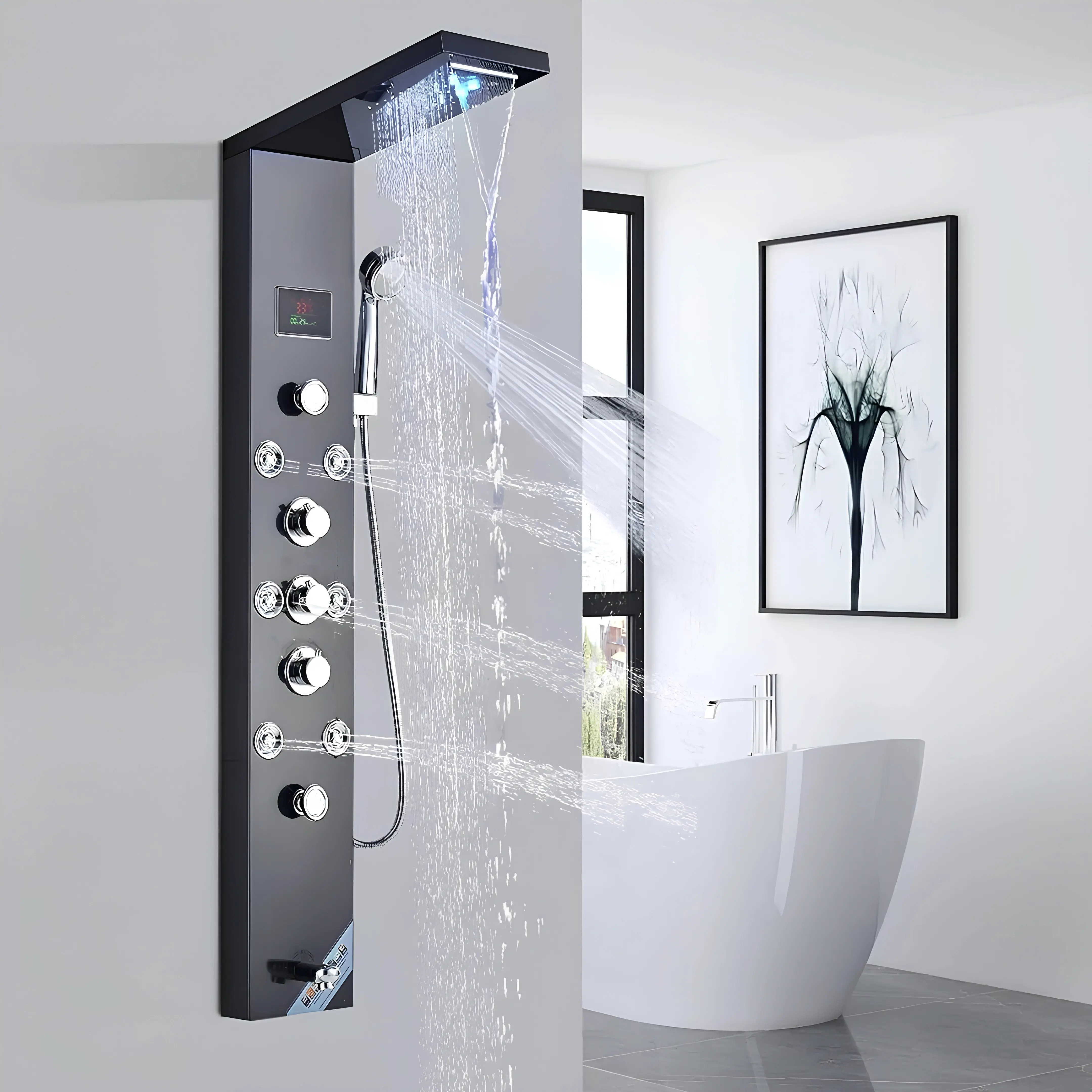 Brushed Black LED Shower Panel Tower System - Rainfall Steam Shower Head Combo Set with Body Massage Jets and Tub Spout, Rainfall Steam Showers