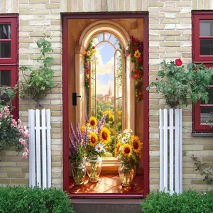 2pcs Pastoral Style Arch Window Wall Sticker Sunflower Lavender Floral Decal Self Adhesive Wallpaper Removable Waterproof Eco Friendly Home Wall Decor Sticker