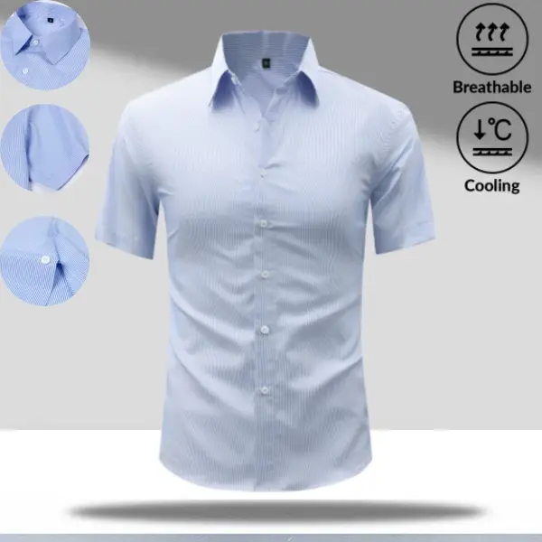 New lightweight summer striped short-sleeve shirt for men, minimalist commuter style, breathable and cool, non-stuffy—ideal for office workers’ everyday wear.