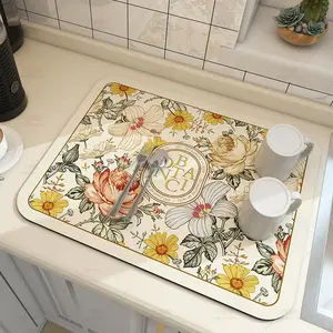 Vintage Botanical Dish Drying Mat & Pet Feeding Mat, Super Absorbent Floral Water Bowl Pad, Super Absorbent Coffee Bar Mat for Kitchen Counter, Non-Slip Floral Drip Mat
