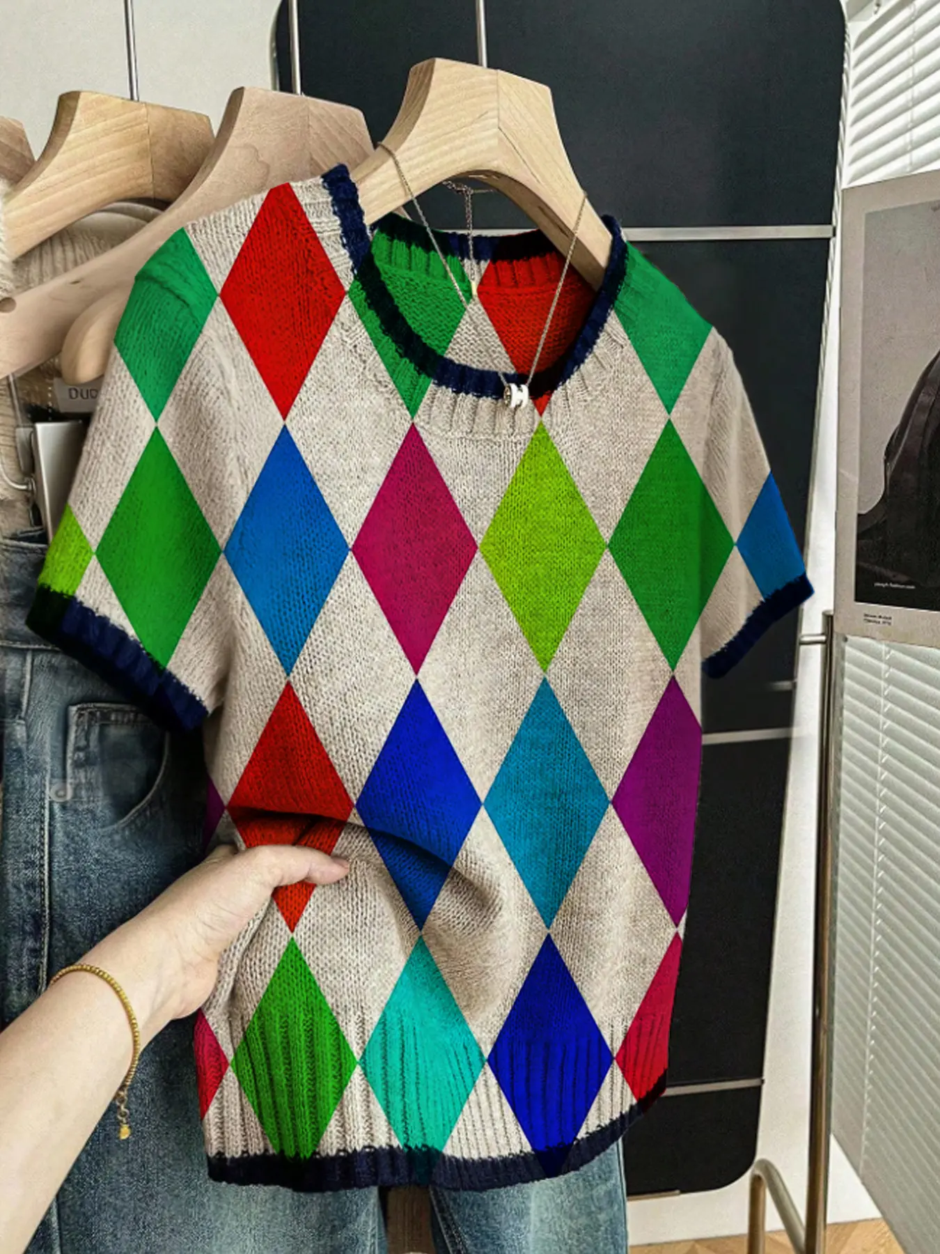 Geometric Pattern Diamond Grid Colorblock Print Round Neck Sweater, Casual Short Sleeve Knitwear for Spring Summer Fall, Comfortable Warm Women's Clothing