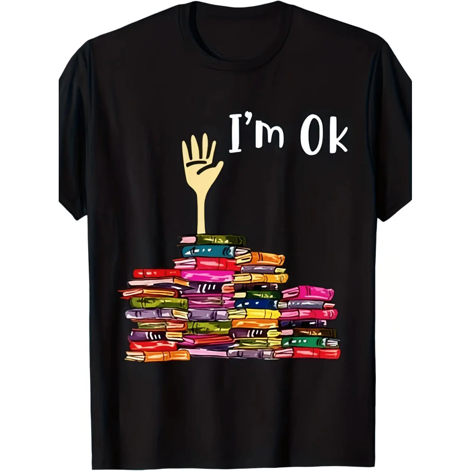 Men's & Women's Librarian Teacher Reader Nerd Bookworm T-Shirt - Pure Cotton Retro School Graphic Tee with "I'm Ok" Print for Educators,, Librarians - Casual Unisex Top