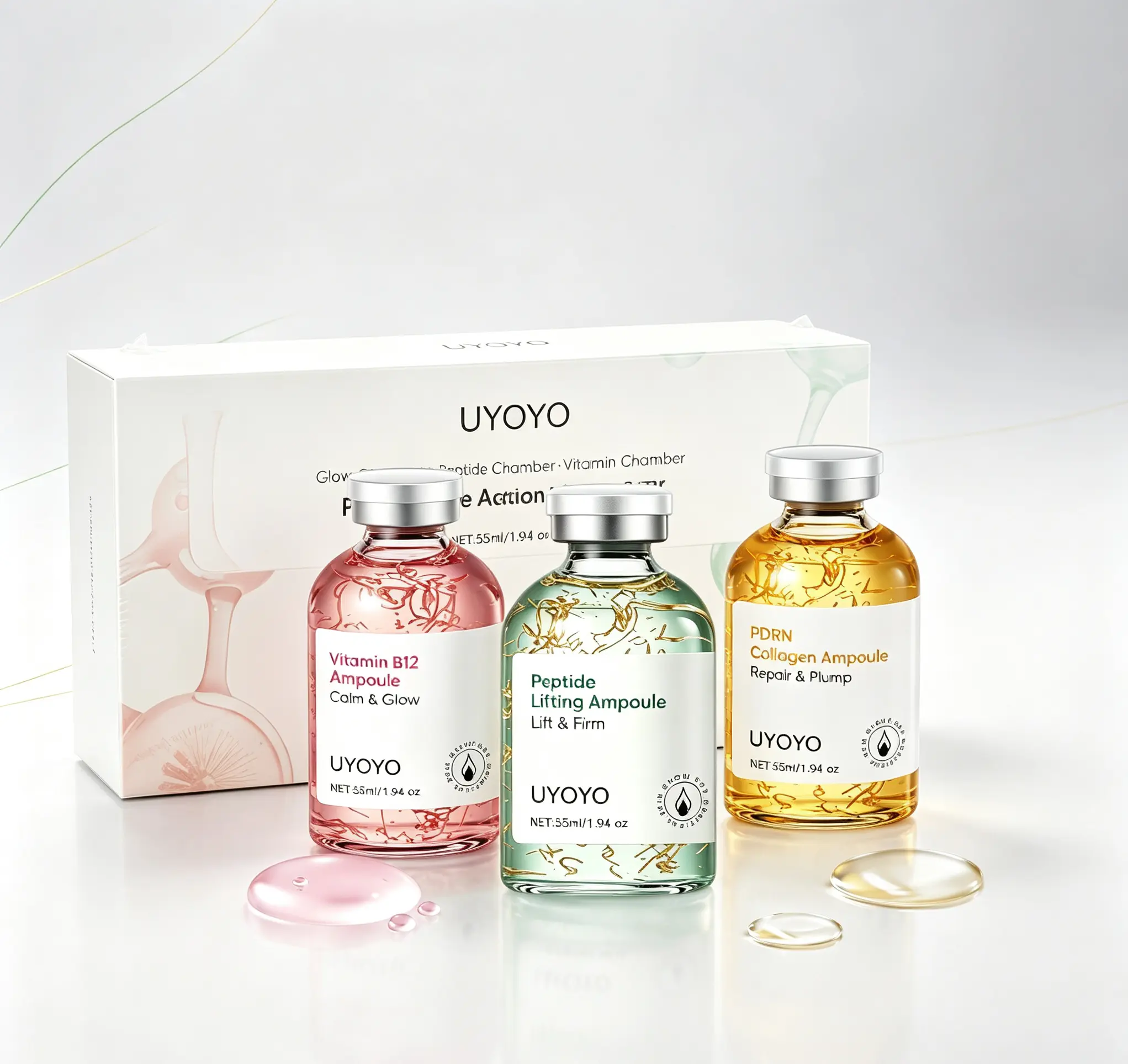 UYOYO Age-Rewind Triple Ampoule Set (PDRN Collagen + Peptide + Vitamin B12) | Korean Glass Skin Serum for Firming, Plumping & Glowing | Deep Hydration & Wrinkle Care | 1.94oz Large Capacity