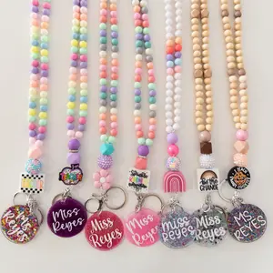 Teacher Lanyard - Trendy Colorful Beaded ID Holder with Personalized Name Tag, Pastel Badge Clip, Cute Accessory for SLPs, Therapist & Teachers