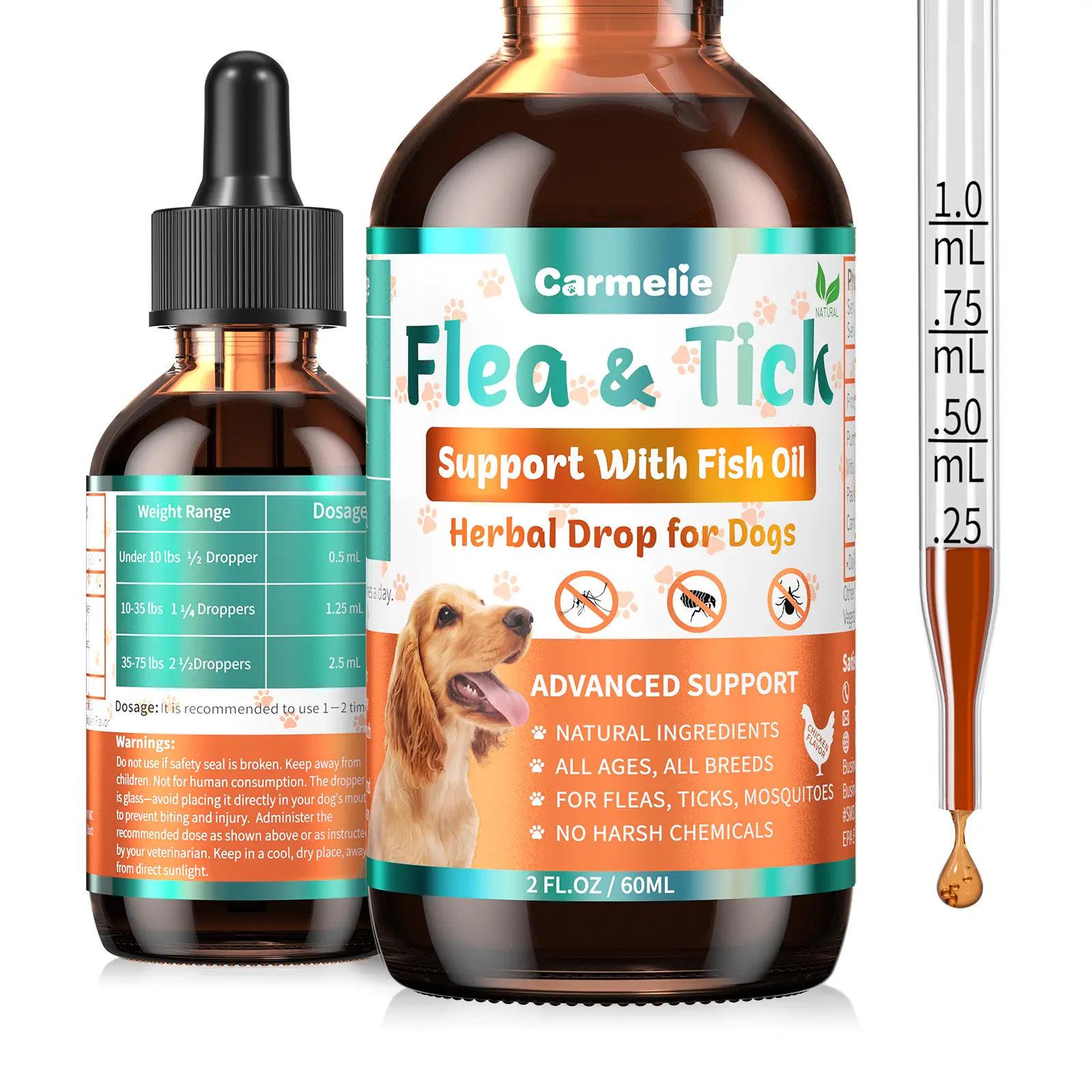 Carmelie Flea & Tick Support for Dogs – Natural Herbal Drops with Fish Oil for Daily Comfort, All Breeds & Ages, Chicken Flavor Puppy
