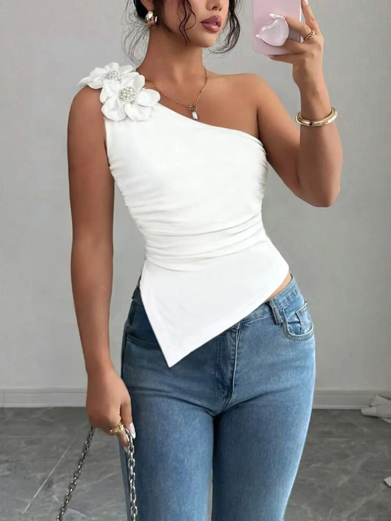 Women's Plain Elegant Fashion Asymmetric One-Shoulder Versatile Slim Fit Top, Stylish Casual Wear, Perfect for Daily