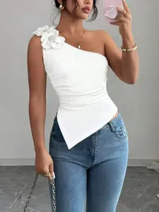 Women's Plain Elegant Fashion Asymmetric One-Shoulder Versatile Slim Fit Top, Stylish Casual Wear, Perfect for Daily