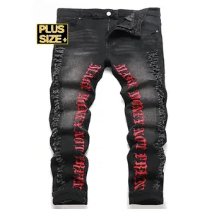Men's Plus Size Black Ripped Jeans with Red Letter Embroidery, Skinny Fit Distressed Denim Pants, Gothic Streetwear Cotton Jeans, Punk Rock Style Long Trousers for Men