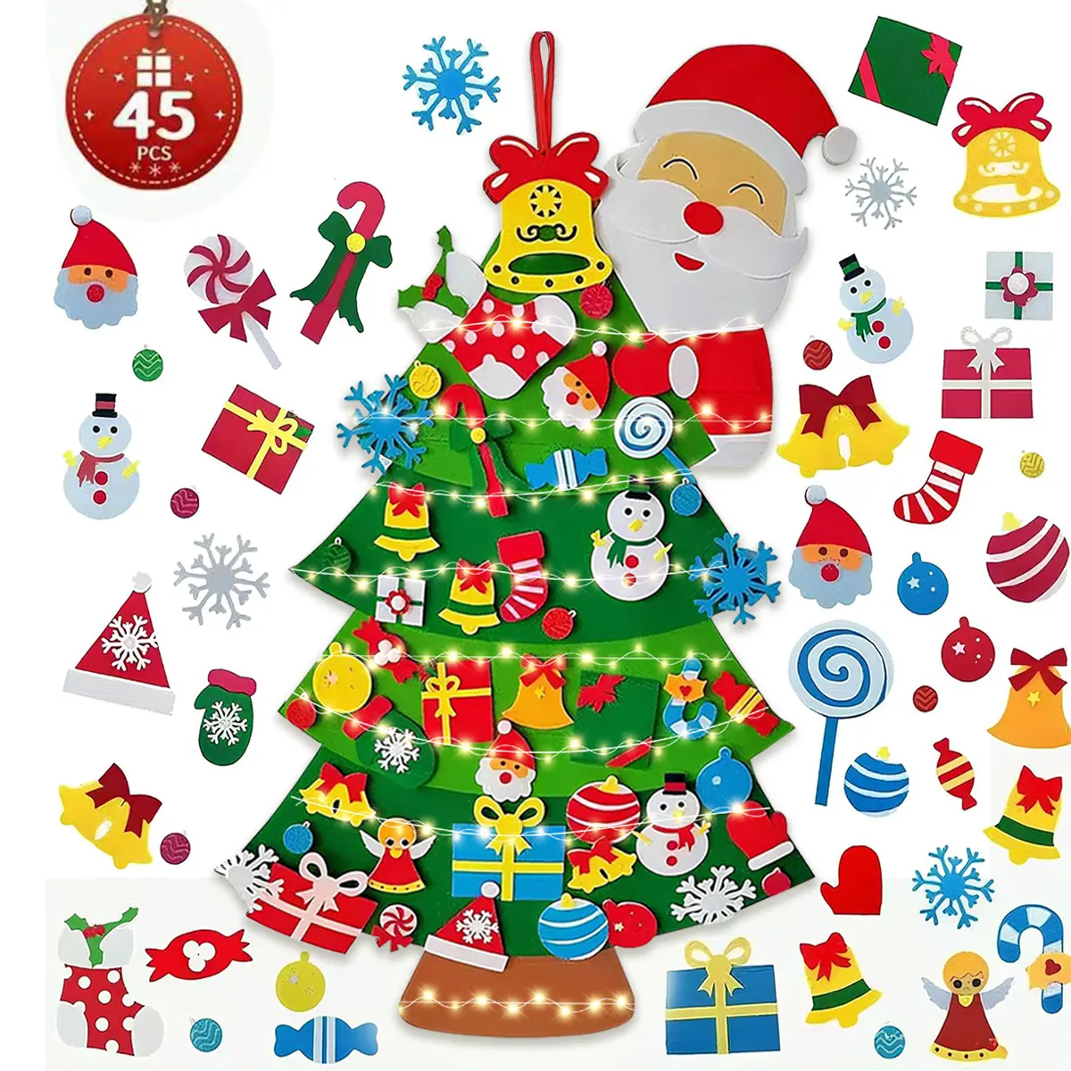 DIY Felt Christmas Tree Kit, 39-inch Toddler Felt Christmas Tree, Christmas Decor Wall Hanging, Gift for Girls and Party Supplies with Lights
