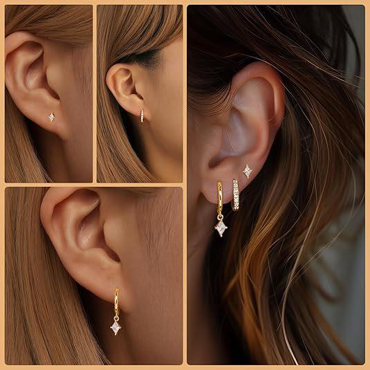 JEYFULL 3 Pairs Gold Hoop Earrings Set Dainty Stud Earrings Trendy Small Gold Layered Hypoallergenic Dangle Cartilage Huggie Hoop Earrings for Women Gold Jewelry for Women Gifts