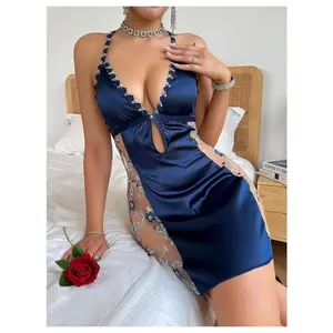 Satin Floral Embroidery Slip Dress Cut Out Backless Chemise NightgownsGift