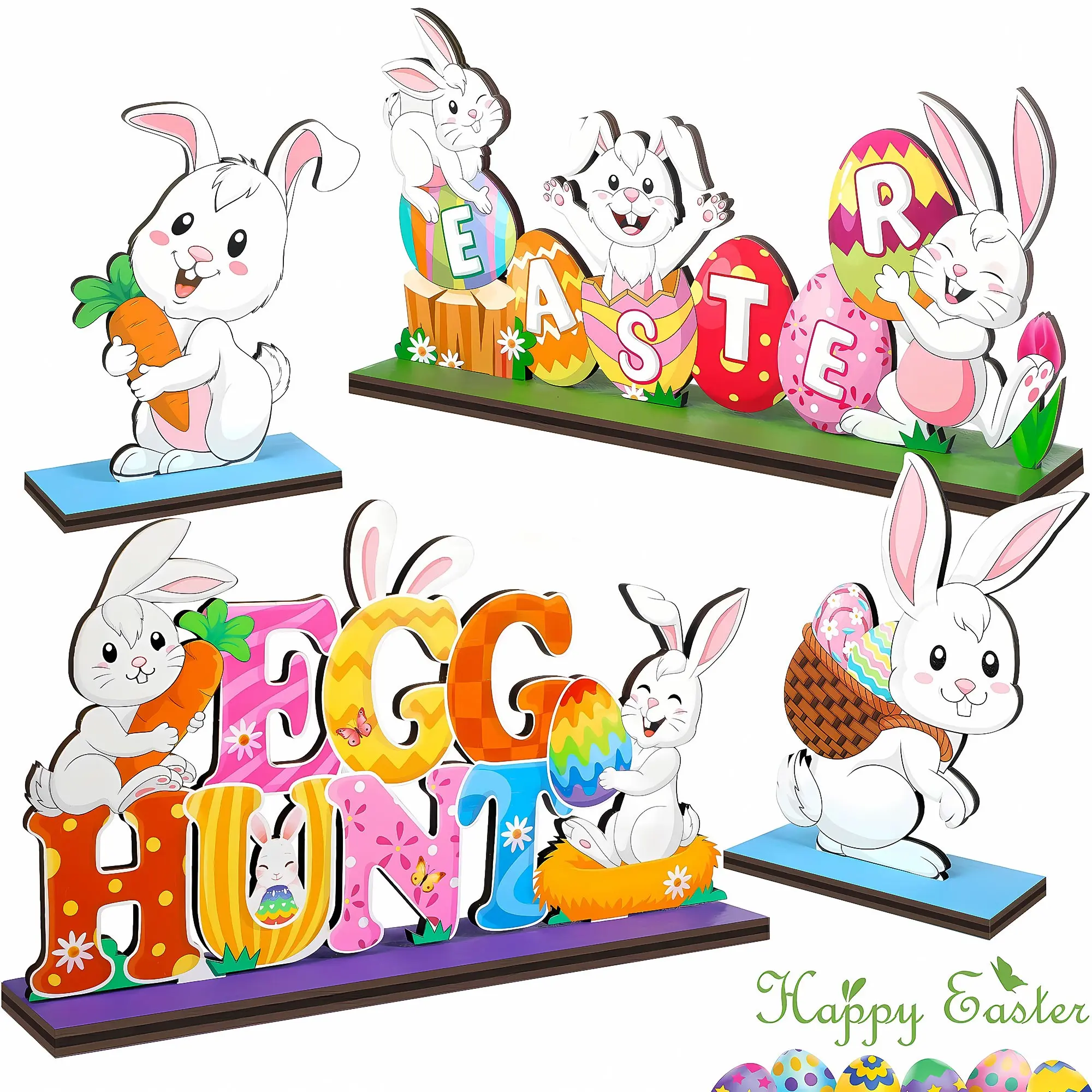 Happy Easter 4pcs Table Sign Collectible Figurine Decoration, Wooden Bunny Sign Ornaments for Home Office Spring Party Decor, Home Decor Products