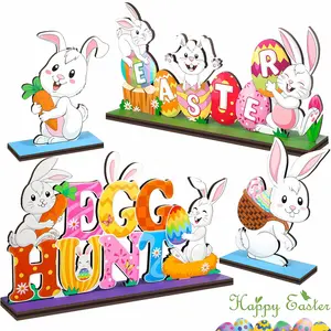 Happy Easter 4pcs Table Sign Collectible Figurine Decoration, Wooden Bunny Sign Ornaments for Home Office Spring Party Decor, Home Decor Products