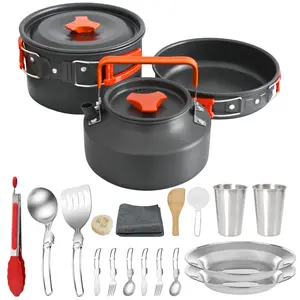 20Pcs Camping Cookware Mess Kit, Non-Stick Lightweight Camping Pots and Pans with 1.1L Kettle, 2 Set Stainless Steel Cups Plates Forks Knives Spoons for Backpacking, Hiking, Outdoor Cooking