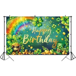 St Patricks Day Birthday Banner 70.8x43.3 Inch Green Shamrock Gnome Party Backdrop