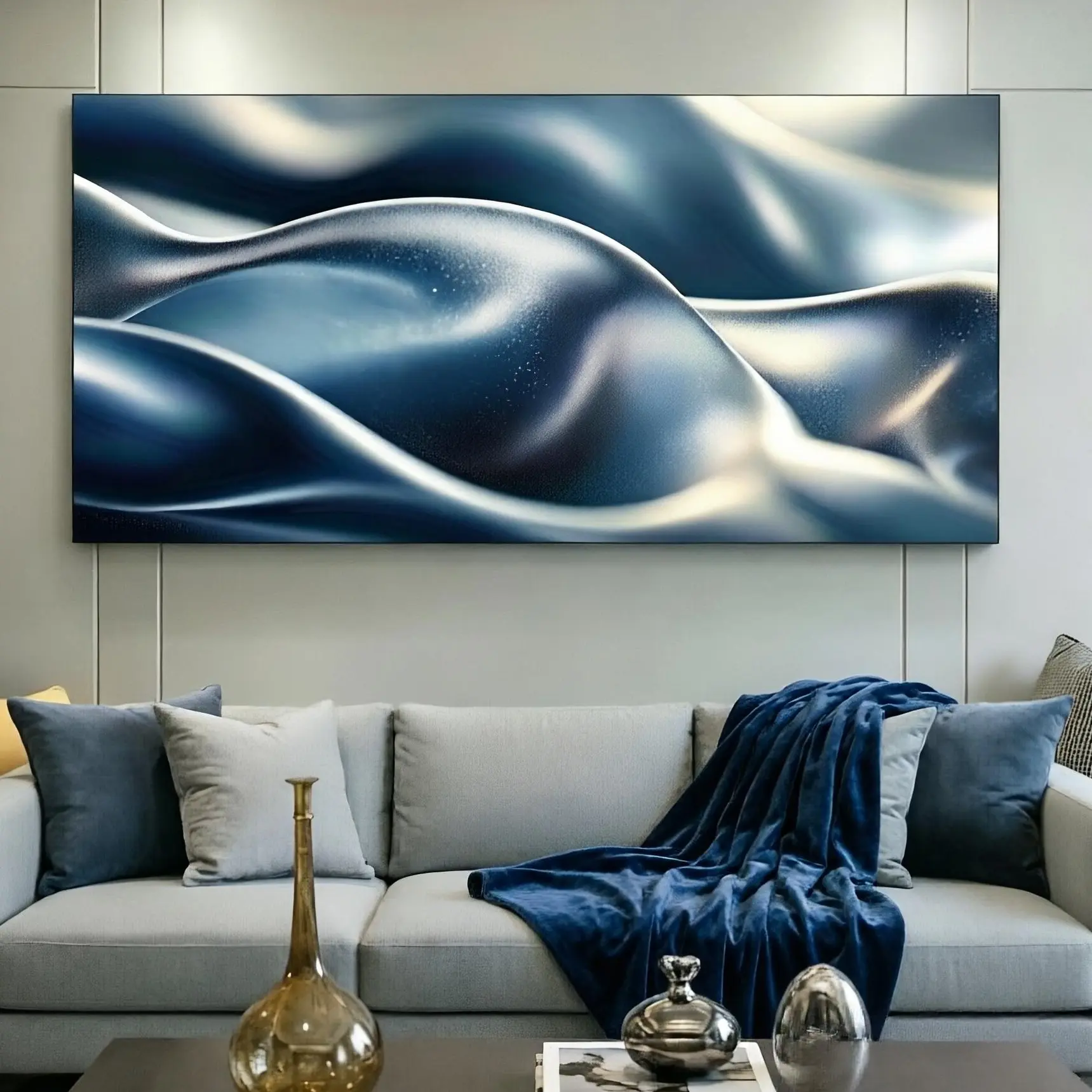 1 Piece 30x60inch.Framed Canvas Painting, Modern Abstract Flowing Metal Blue Canvas Wall Art, High Quality Wrapped Canvas Print for Living Room, Bedroom, Office Decoration - Modern Home Decor, Bedroom Art |   Metal Finishing, Room Decoration