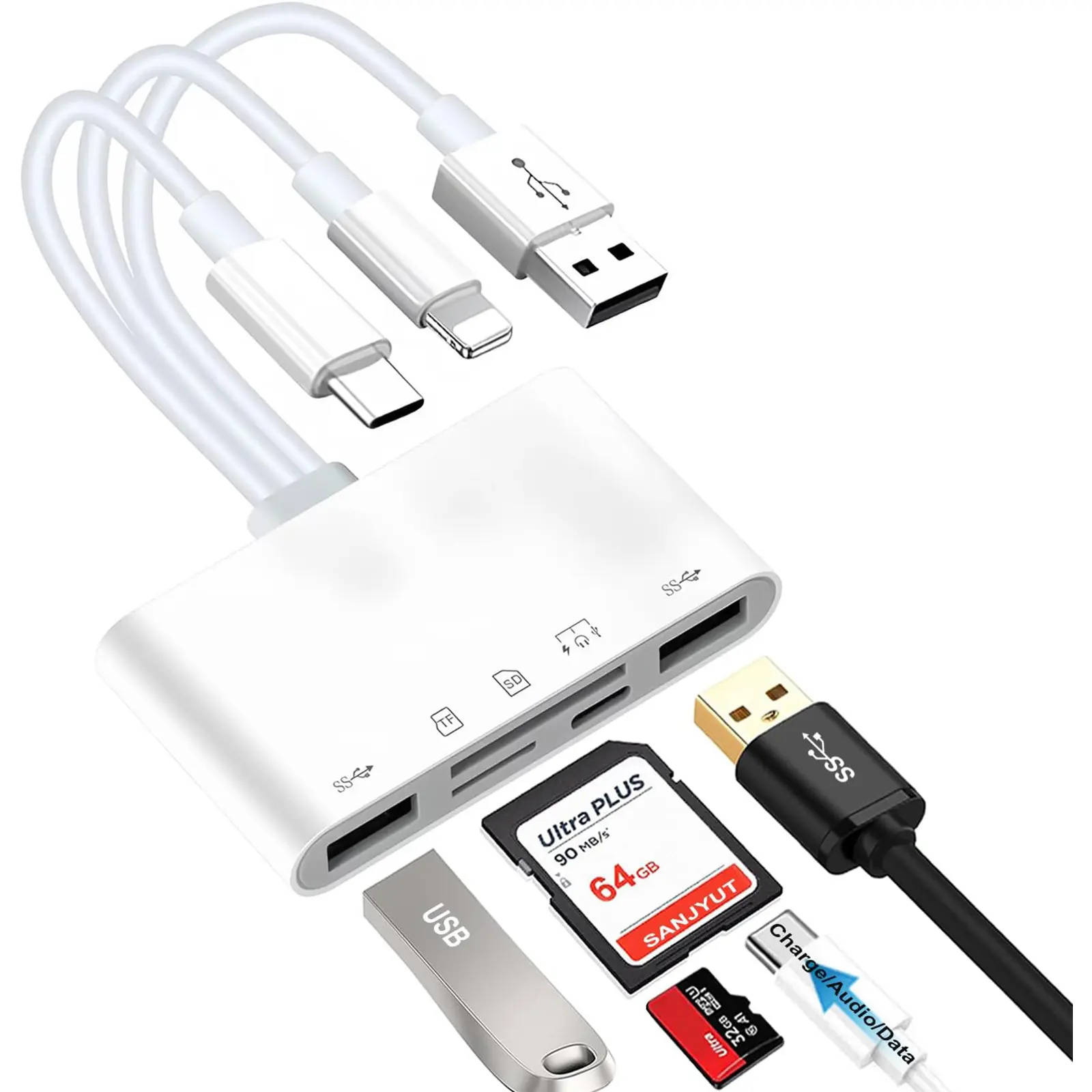 High Speed USB 5-in-3 OTG Adapter SD Card Reader with USB A Ports, USB C Interface, Charging Port - Lightning Compatible for iPhone/iPad, Simultaneous Reading for Android Devices, Dual-Port Multi-Device Adapters, Multi-Port Splitter Adapters