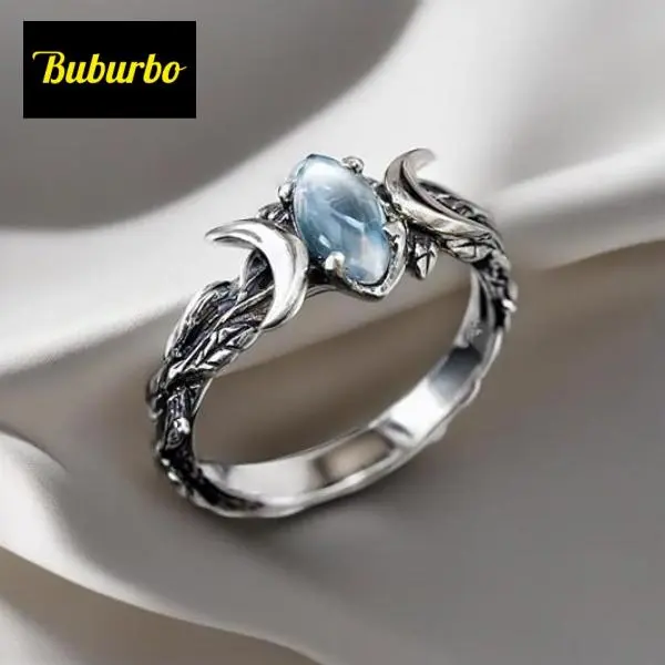 Buburbo  Vintage Women Bohemian Triple Moon Phase Ring Natural Moonstone Moon Ring Engagement Party Wedding Jewelry Rings Anillos