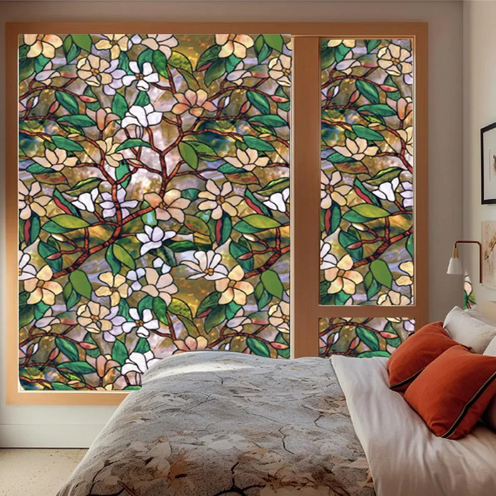 Flower Pattern Stained Glass Window Film, Colorful Window Privacy Film, Vintage Window Decal for Home Living Room Bedroom Decor Stickers, Adhesive Stickers, Self Adhesive Film, Flower Design, Floral Pattern Sticker, Decoration Sticker, Decorative Sticker