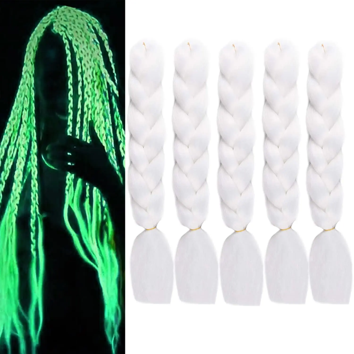 White Braiding Hair Kanekalo Colored Hair Extensions for Braids Glow in the Dark Hair Luminous Jumbo Braiding Hair Pre Stretched for Kids Girls Women