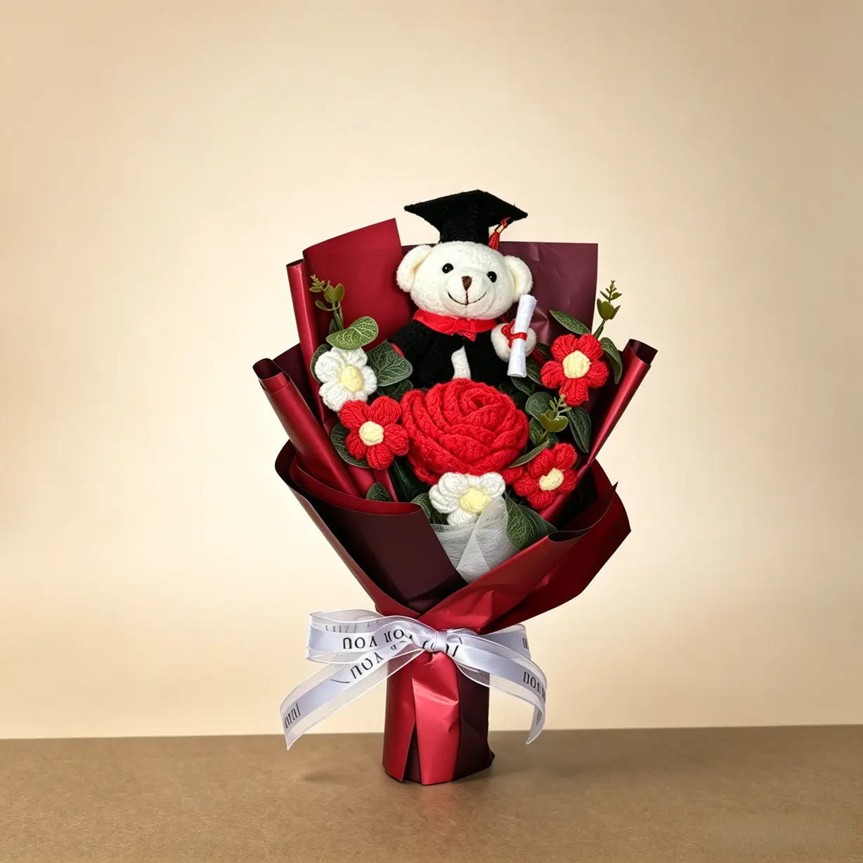 Crochet Graduation Bear Flower Bouquet,birthday gift,anniversary gift,Handmade Knitted Artificial Rose Flowers,Graduation Gift for Her Him,Plush Bear with Grad Cap Diploma,Graduation Party Decor,keepsake bouquet