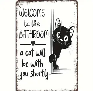 Vintage Cat Bathroom Decor Signs, Welcome To The Bathroom A Cat Will Be With You Shortly, Funny Metal Sign for Restroom Wall Decor 8 x 12in