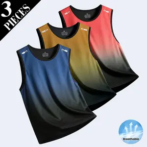 3PCS Men's Gradient Ombre Crew Neck Athletic Tank Top, Fading Color Quick Dry Sleeveless Shirt, Lightweight Breathable Gym Running Workout Vest for Summer Training & Fitness,summervibes
