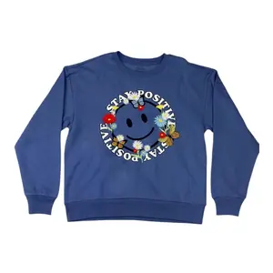 Women/Teenage Sweatshirt, Stay Positive Smiley Face Design, Embroidered Flowers.