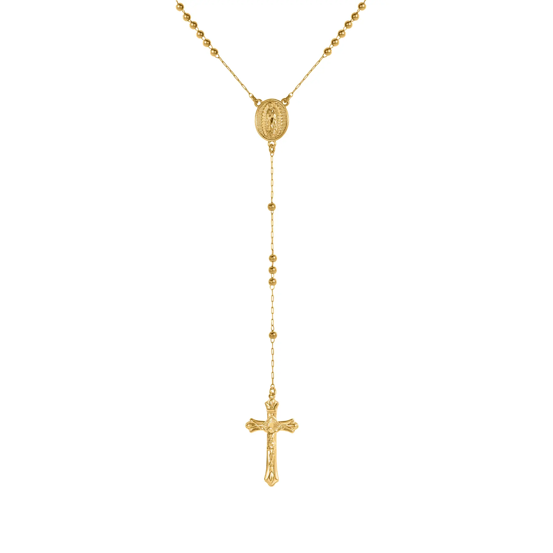 Rosary Necklace Catholic Cross Pendant Virgin Mary Jewelry Jesus 18K Gold Plated Stainless Steel Vintage Gold Long Length Drape Round Bead Chain Bohemian Daily Stackable Classic Religious Faith Blessing Communion Gift Healing Necklace for Anniversary