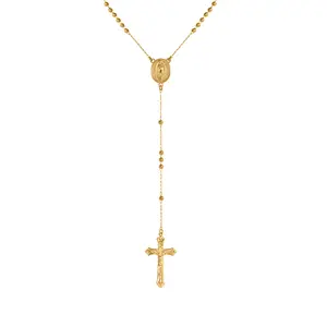 Rosary Necklace Catholic Cross Pendant Virgin Mary Jewelry Jesus 18K Gold Plated Stainless Steel Vintage Gold Long Length Drape Round Bead Chain Bohemian Daily Stackable Classic Religious Faith Blessing Communion Gift Healing Necklace for Anniversary