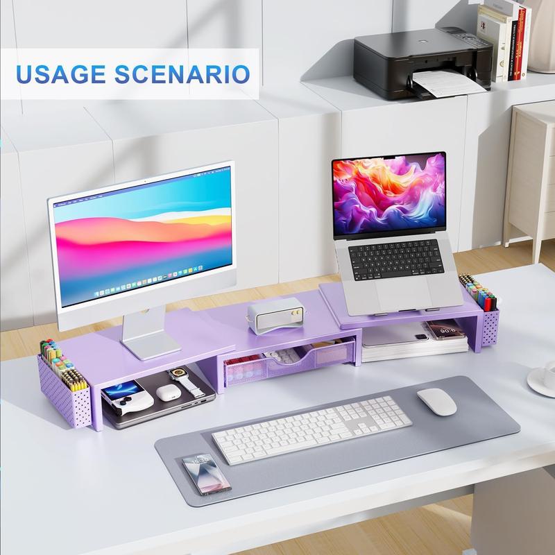 Dual  Stand Riser, Desk Organizer With Drawer and 2 Pen Holders, Desk Organizers and Accessories, Purple Office Decor (Purple)