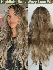 Blonde Highlight Synthetic Lace Wig Balayage Highlight Color Voluminous Body Wave High-Temperature Fiber Glueless Pre-Plucked Edge 13x4 Transparent HD Wig with Breathable Cap