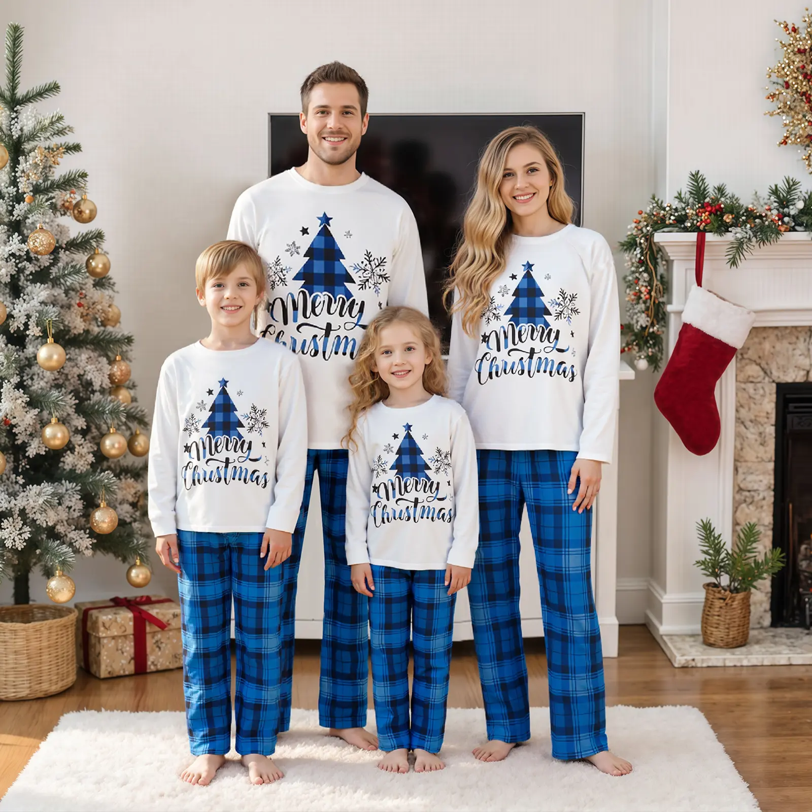 REDWOON Christmas Family Matching Pajamas Sets Christmas PJ's Letter Print Top And Plaid Pants Jammies Sleepwear