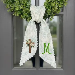 Custom Christian Cross Door Sash, Personalized Wreath Hanger with Lace Trim, Church Decor