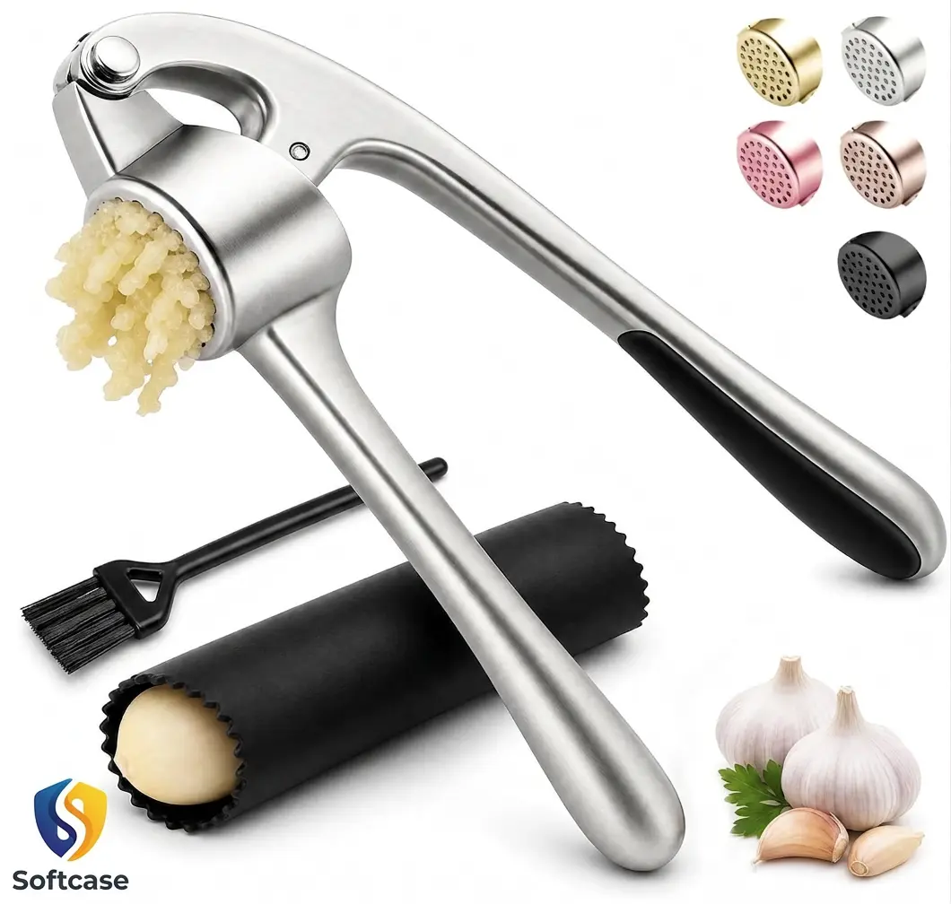 Premium Zinc Sturdy Kitchen Garlic Press Utensils Set - Rust-Proof, Dishwasher-Safe Garlic Mincer with Silicone Peeler & Brush, Easy to Clean & Squeeze, Ideal Gift for Family, Modern Kitchen Barbeque Essential