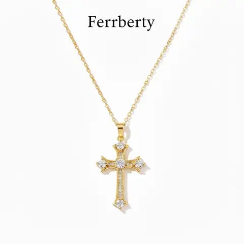 Ferrberty Women's 14K Gold-Plated Cross Design Pendant Necklace, 32.5mm Dainty Enamel-Diamond Jewelry, 4.5g Hypoallergenic Brass Chain (40Cm + 5Cm), Casual-Modern Style, Ideal for Daily-Party Wear, Mother's Day Black Friday Gift