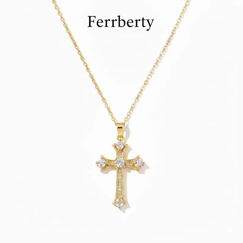Ferrberty Women's 14K Gold-Plated Cross Design Pendant Necklace, 32.5mm Dainty Enamel-Diamond Jewelry, 4.5g Hypoallergenic Brass Chain (40Cm + 5Cm), Casual-Modern Style, Ideal for Daily-Party Wear, Mother's Day Black Friday Gift