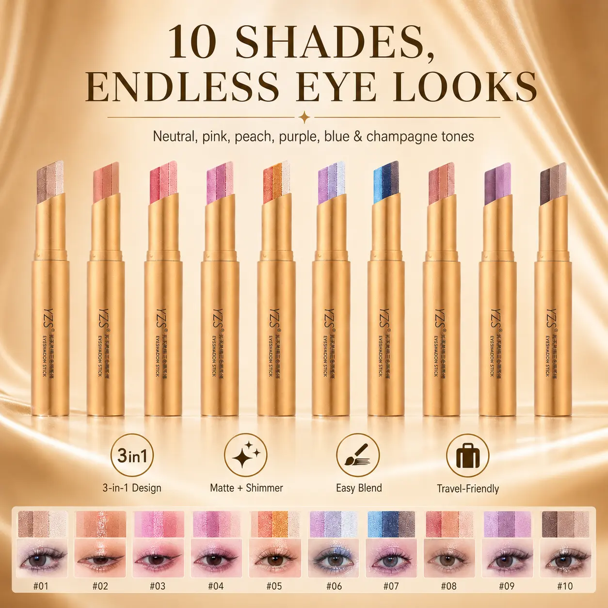 10PCS 3 Color Eyeshadow Stick，New Long Lasting & Waterproof Creamy Eye Shadow，Portable Glitter Blend Compact