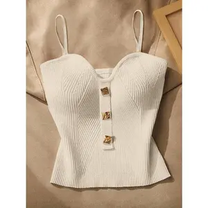 Women Summer Elegant Sleeveless Solid Color Metal Buckle Decor Knit Top