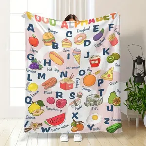 Cozy Alphabet Food Print Throw Blanket - Soft, Warm Flannel for All Seasons - Perfect Christmas & Birthday Gift for Boys and Girls - A to Z Letter Learning Blanket for Couch, Bed, Living Room