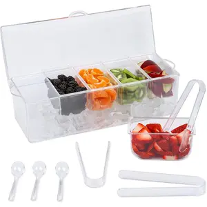 Condiment Caddy with 5 Removable Containers (2.5Cup) & Tongs/Spoon Set Great for Salad Bar, Garnish Tray, Nacho Bar, Pizza Topping Station, Bar Supplies, Vegetable Tray With Lid