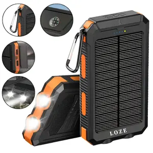 LOZE 10000mAh Solar Power Bank with Dual USB and Type-C Ports for Samsung and iPhone Devices, Waterproof External Battery Pack with Flashlight, Compass, and Carabiner, Smartphone Charging Accessory, Travel and Camping Power Bank