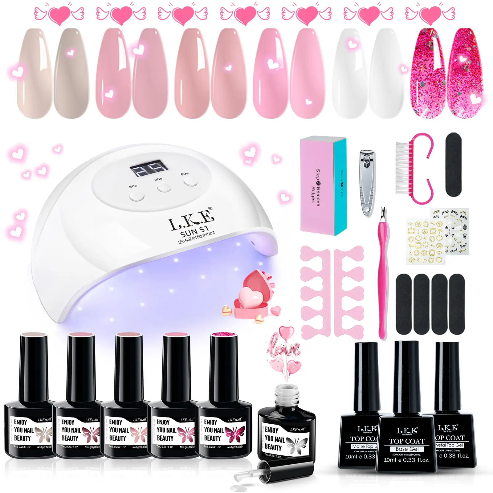 LKEnail Gel Nail Polish Kit - 72W UV LED Lamp, 6 Nude Pink White Gel Varnish, Base Coat, Matte & Glossy Top Coats, Soak-Off Formula, Colorblock Design, Lasting Shine, 24 Months Durability, DIY Nail Care Manicure Set, Valentine's Day Gift