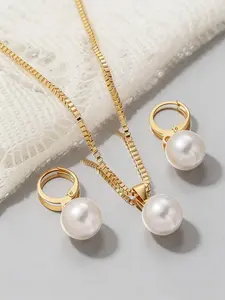 Faux Pearl Necklace and Earrings Set, Bronze Color Jewelry, Perfect for Daily Wear and Vacations, Ideal Gift for Valentine's Day