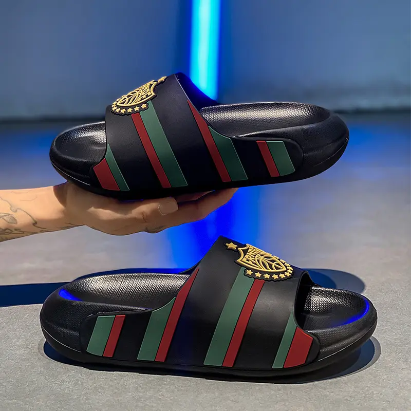 Bdhjydb Black And Golden Contrasting Colors, Striped One-Word Slippers, Men'S Summer, Outdoor Sandals, Non-Slip And Wear-Resistant, Casual Beach Shoes, Fashion Badge Decoration, Breathable Platform Slippers, Women Shoes