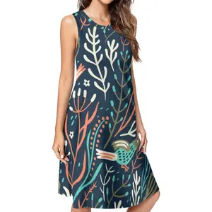 Boho Scandinavian Forest Bird Botanical Print Sleeveless Midi Dress Summer Swing Dress for Women Casual Knee Length Full Frame Print - Womenswear tea blue quinceanera girl green womens size 14 Desert Tan Tactical Hiking Boots wendy yellow long dress
