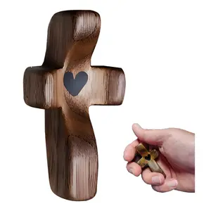 Cross My Heart Wooden Cross Fidget,Small Wooden Crosses for Pocket Prayers, Handheld Wooden Cross Encouragement Gift, Fingertip Stress Relief Gifts Christmas Gift, Walnut